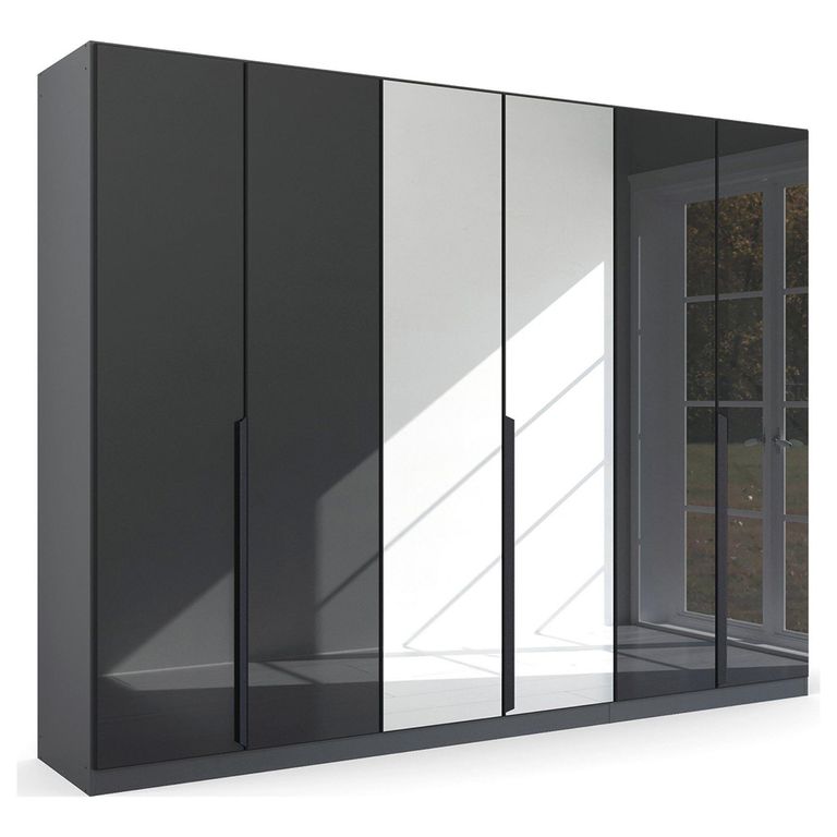 Rauch Quadra Spin 271cm 6 Door Wardrobe with Mirror - Metallic Dark Grey and Basalt Glass
