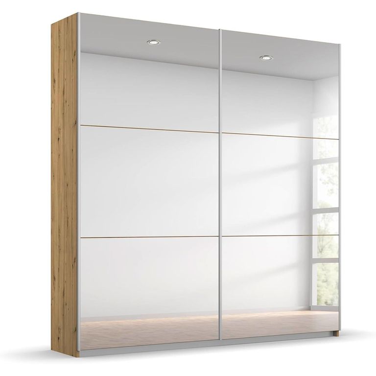 Rauch Reflect 175cm 2 Door Mirrored Sliding Wardrobe with Interior Division - Artisan Oak