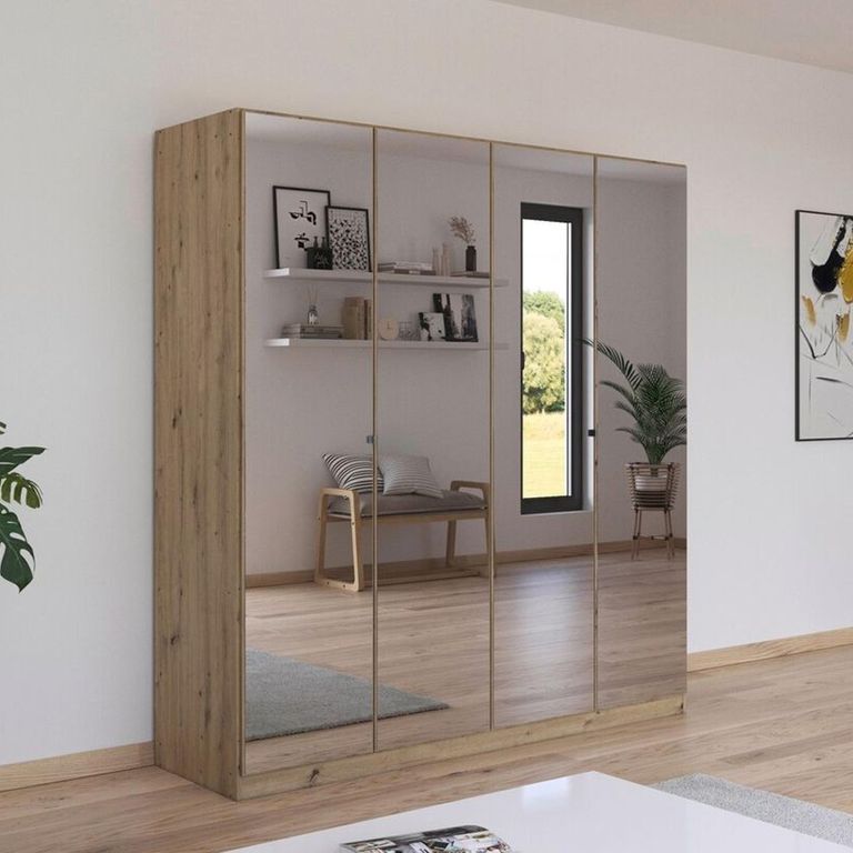 Rauch Reflect 181cm 4 Door Mirrored Wardrobe with Interior Division - Artisan Oak