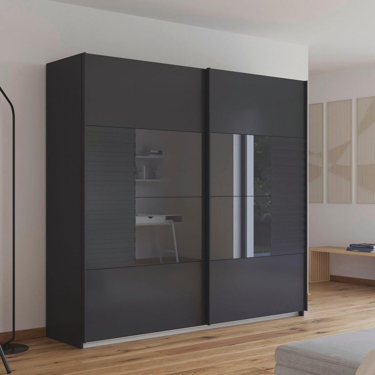 Rauch Ruga 226cm 2 Door Sliding Wardrobe - Metallic Dark Grey and Basalt Glass