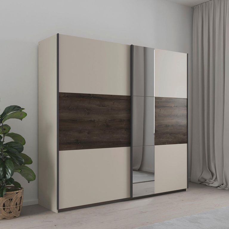 Rauch Sajo 218cm 2 Door Sliding Wardrobe with Mirror - Champagne and Atlantic Dark Oak