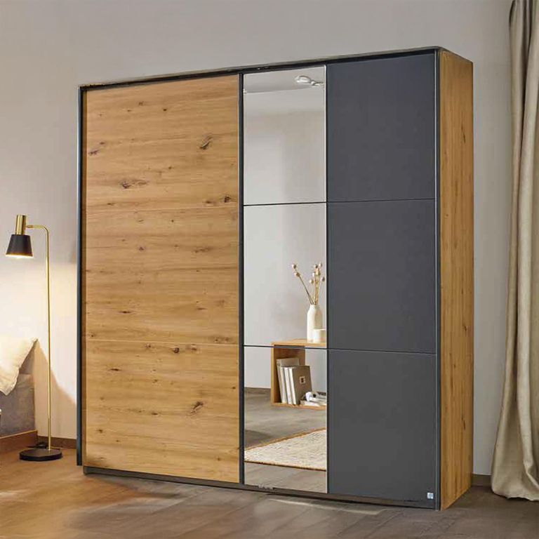 Rauch Slide 175cm 2 Door Sliding Wardrobe with Mirror - Artisan Oak and Metallic Dark Grey