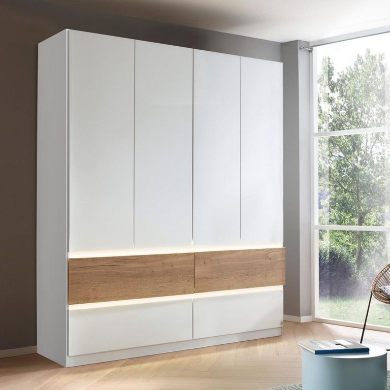 Rauch Winnipeg 181cm 4 Door Wardrobe with Lighting - Alpine White and Halifax Oak
