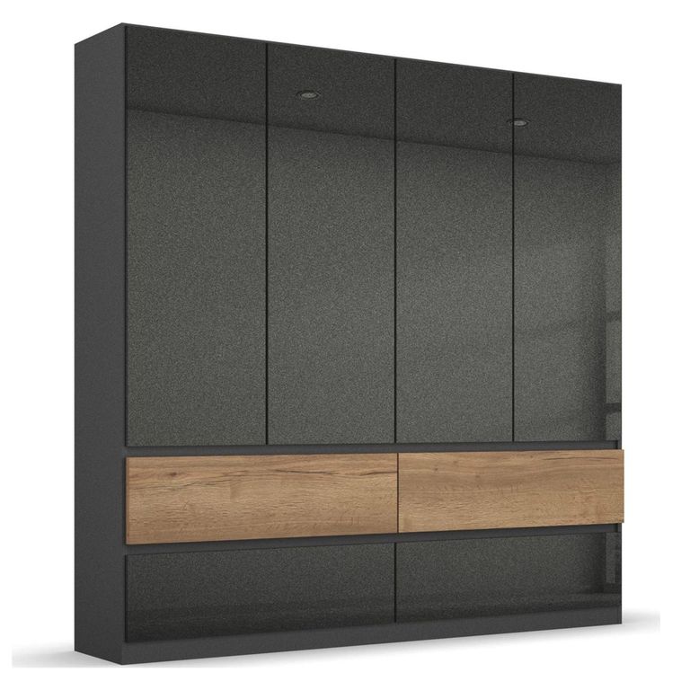 Rauch Winnipeg 181cm 4 Door Wardrobe with Lighting - Metallic Dark Grey High Gloss and Halifax Oak