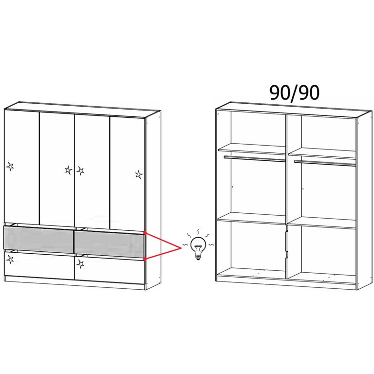 Rauch Winnipeg 181cm 4 Door Wardrobe with Lighting - Metallic Dark Grey High Gloss and Halifax Oak