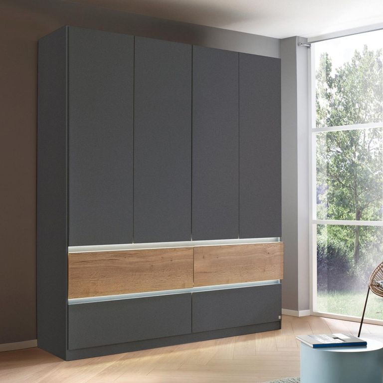 Rauch Winnipeg 181cm 4 Door Wardrobe with Lighting - Metallic Dark Grey and Halifax Oak