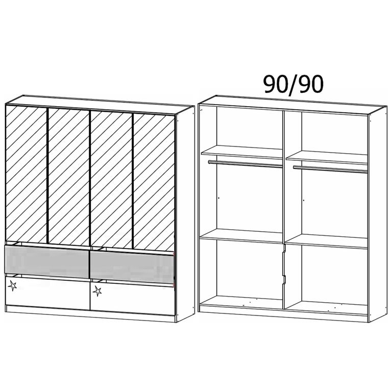 Winnipeg Wardrobe - 181cm - 4 Door - Mirror - High Gloss Metallic Dark Grey & Halifax Oak