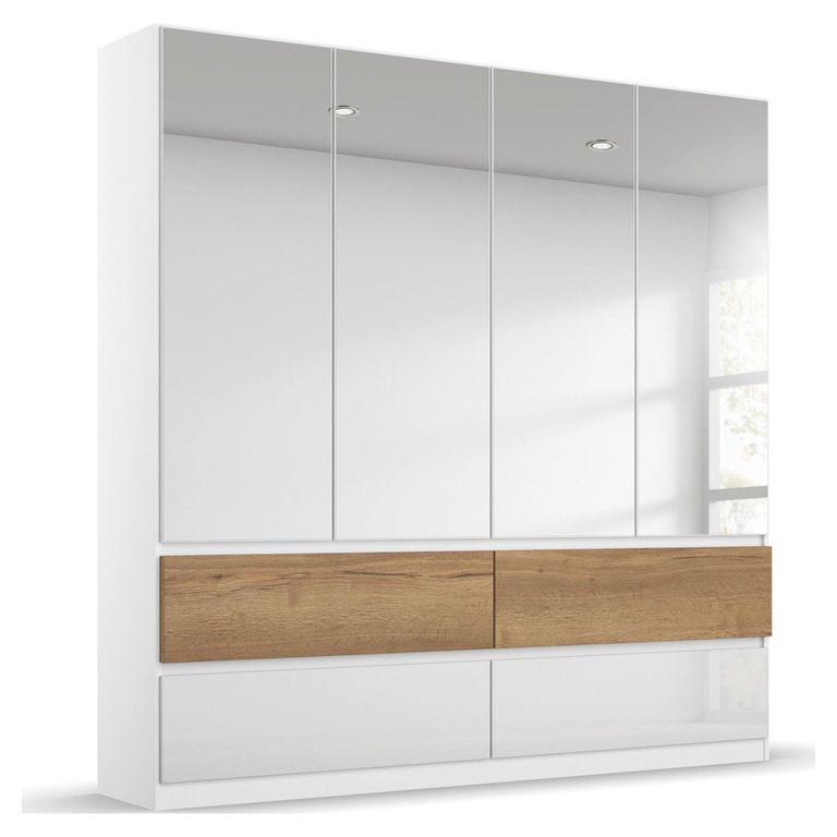 Winnipeg Wardrobe - 181cm - 4 Door - Mirror - with Lighting - High Gloss Alpine White & Halifax Oak