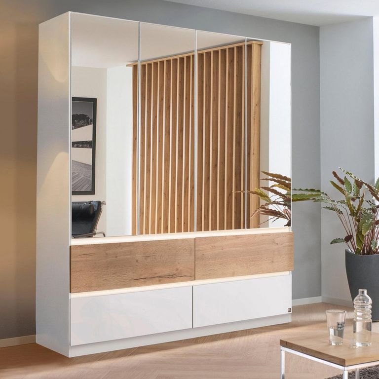 Rauch Winnipeg 181cm 4 Door Wardrobe with Mirror and Lighting - Alpine White and Halifax Oak