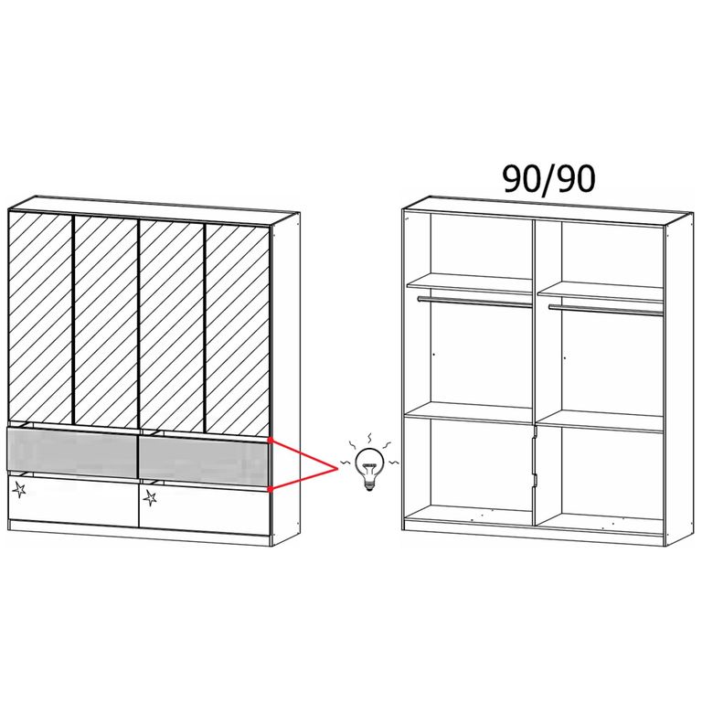 Winnipeg Wardrobe - 181cm - 4 Door - Mirror - with Lighting - High Gloss Metallic Dark Grey & Halifax Oak