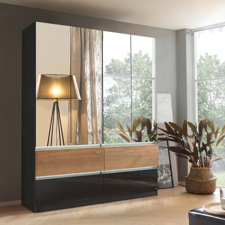 Winnipeg Wardrobe - 181cm - 4 Door - Mirror - with Lighting - High Gloss Metallic Dark Grey & Halifax Oak