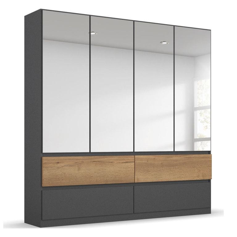 Rauch Winnipeg 181cm 4 Door Wardrobe with Mirror and Lighting - Metallic Dark Grey and Halifax Oak