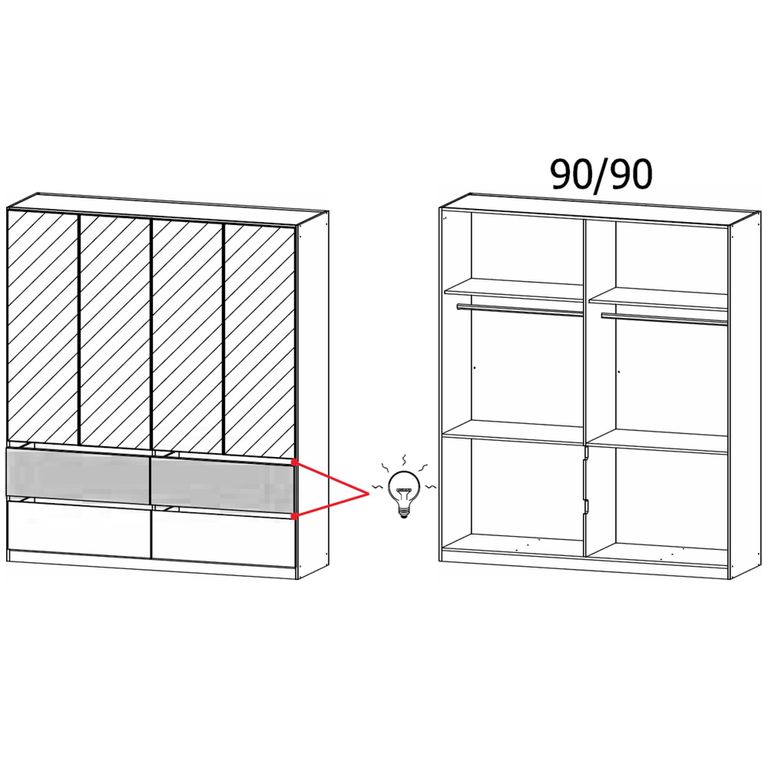 Rauch Winnipeg 181cm 4 Door Wardrobe with Mirror and Lighting - Metallic Dark Grey and Halifax Oak