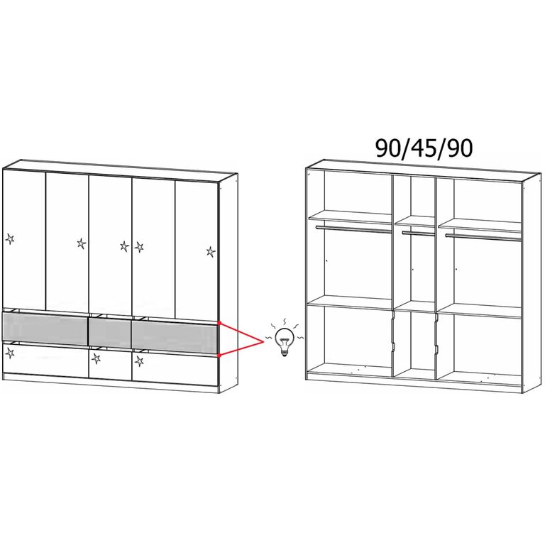 Rauch Winnipeg 226cm 5 Door Wardrobe with Lighting - Alpine White High Gloss and Halifax Oak