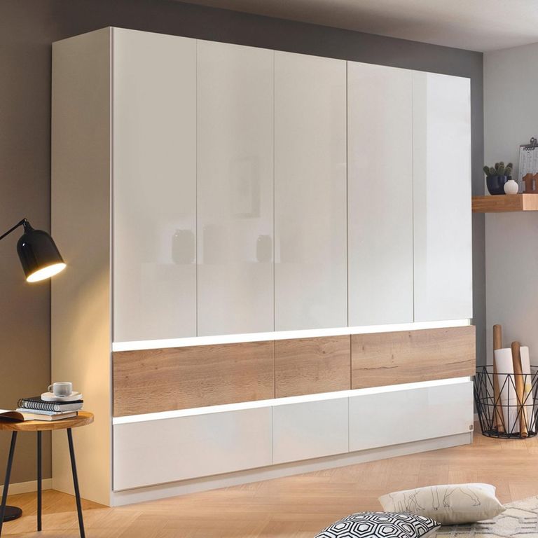 Rauch Winnipeg 226cm 5 Door Wardrobe with Lighting - Alpine White High Gloss and Halifax Oak