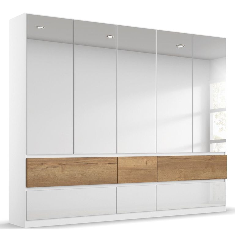 Winnipeg Wardrobe - 226cm - 5 Door - Mirror - High Gloss Alpine White & Halifax Oak
