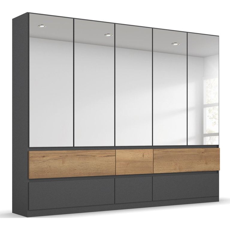 Rauch Winnipeg 226cm 5 Door Wardrobe with Mirror - Metallic Dark Grey and Halifax Oak