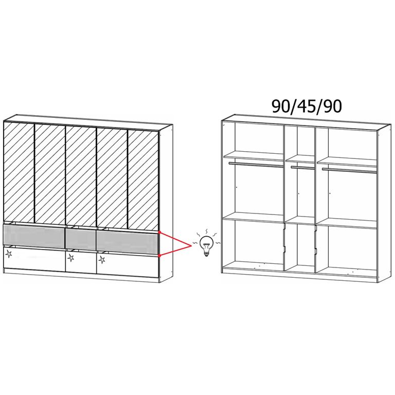 Winnipeg Wardrobe - 226cm - 5 Door - Mirror - with Lighting - High Gloss Alpine White & Halifax Oak