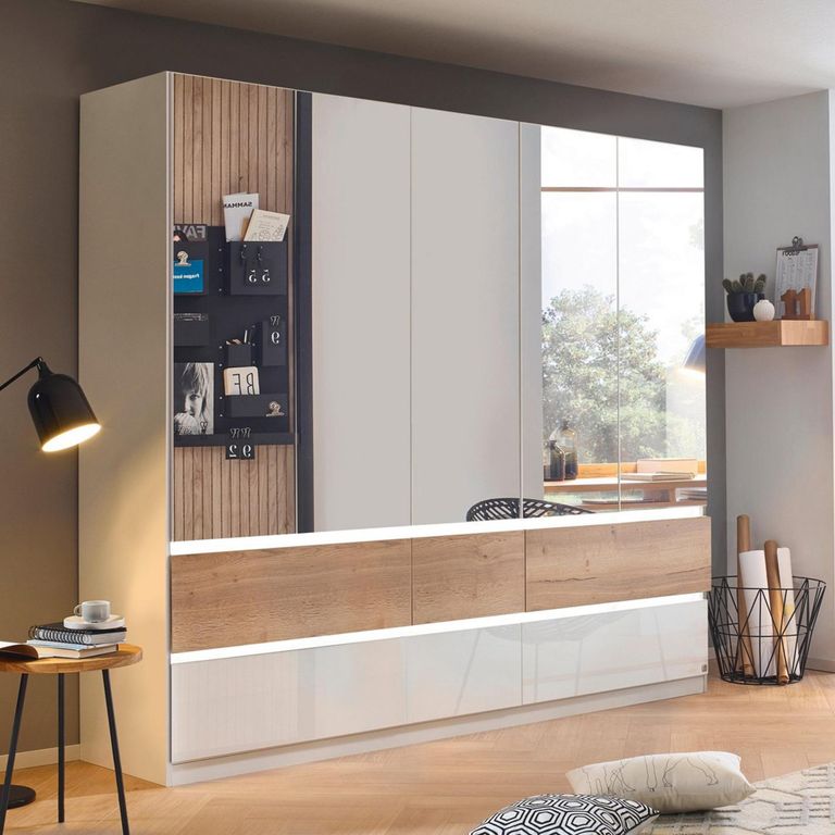 Winnipeg Wardrobe - 226cm - 5 Door - Mirror - with Lighting - High Gloss Alpine White & Halifax Oak