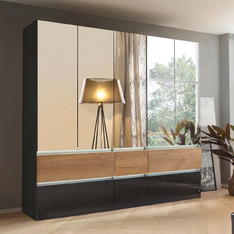 Winnipeg Wardrobe - 226cm - 5 Door - Mirror - with Lighting - High Gloss Metallic Dark Grey & Halifax Oak
