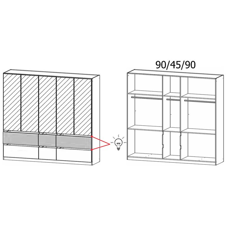 Rauch Winnipeg 226cm 5 Door Wardrobe with Mirror and Lighting - Metallic Dark Grey and Halifax Oak