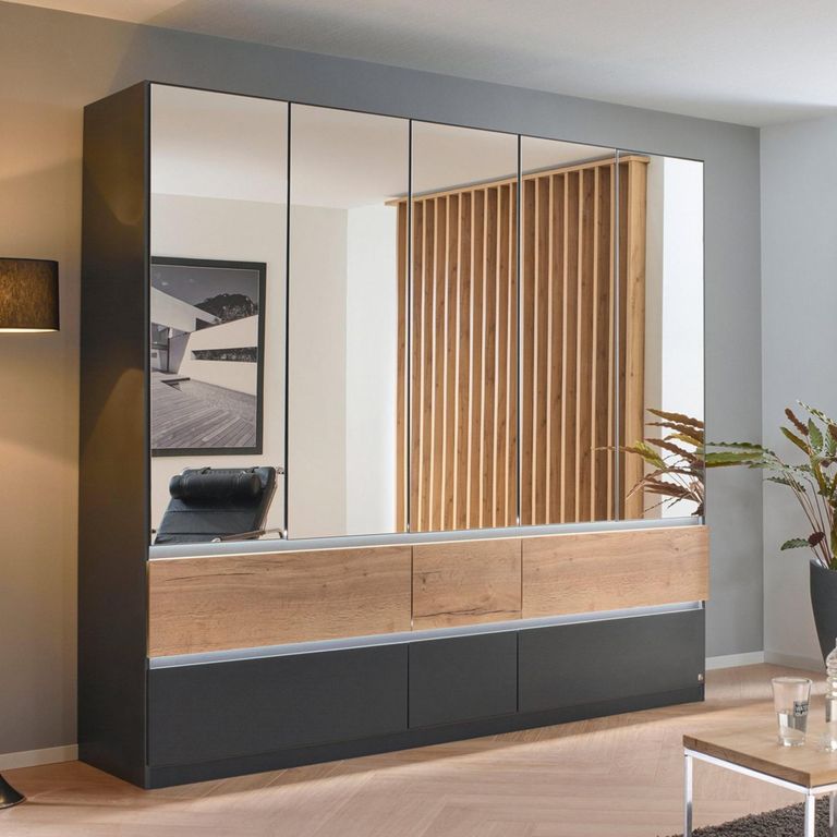 Rauch Winnipeg 226cm 5 Door Wardrobe with Mirror and Lighting - Metallic Dark Grey and Halifax Oak