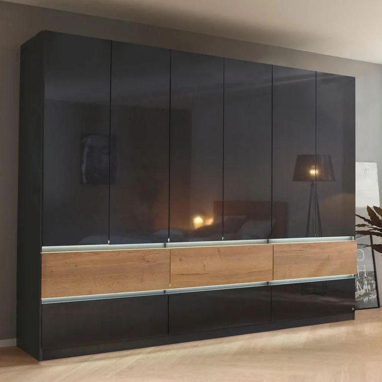 Rauch Winnipeg 271cm 6 Door Wardrobe - Metallic Dark Grey High Gloss and Halifax Oak