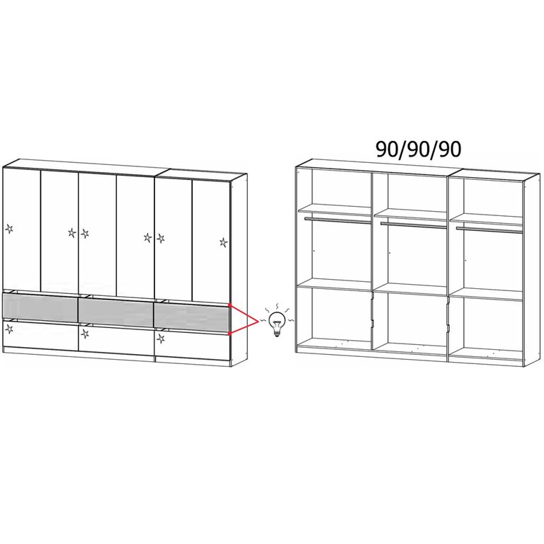 Rauch Winnipeg 271cm 6 Door Wardrobe with Lighting - Alpine White High Gloss and Halifax Oak
