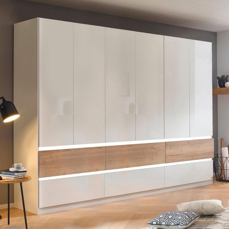 Rauch Winnipeg 271cm 6 Door Wardrobe with Lighting - Alpine White High Gloss and Halifax Oak