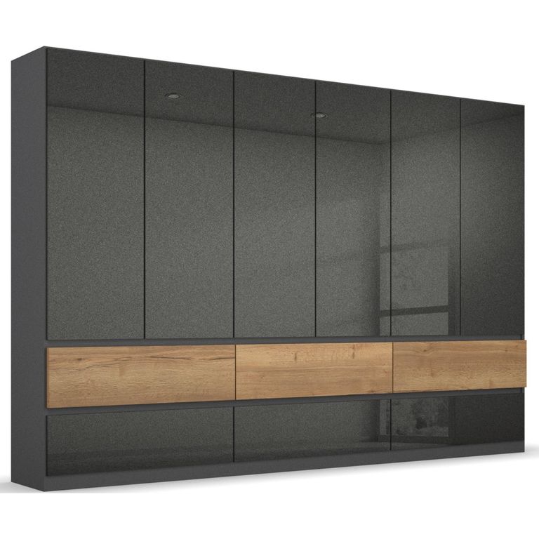 Rauch Winnipeg 271cm 6 Door Wardrobe with Lighting - Metallic Dark Grey High Gloss and Halifax Oak