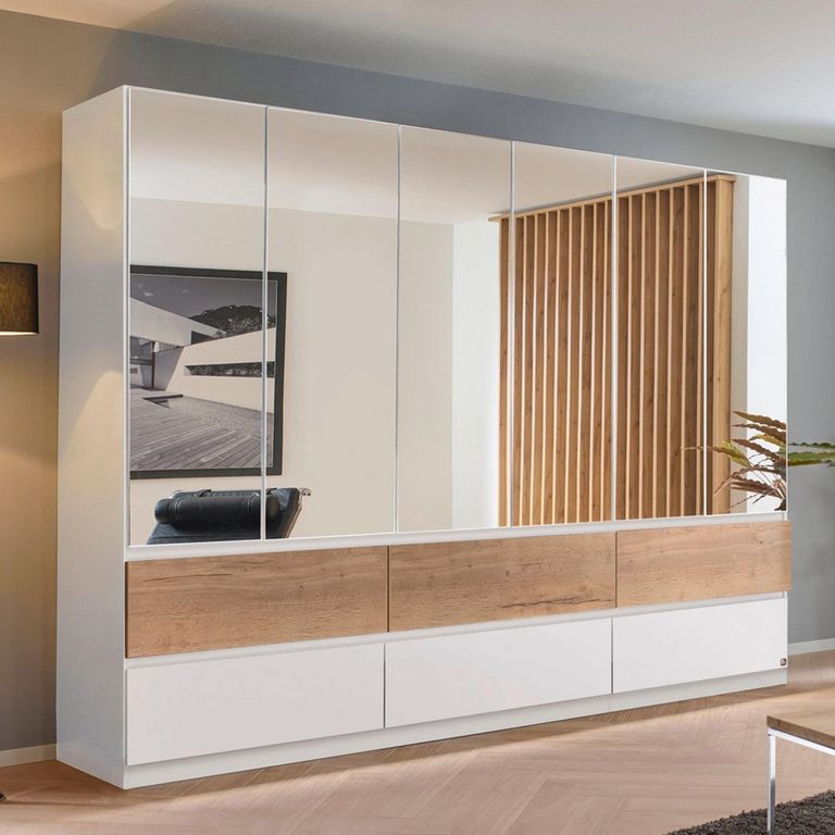 Rauch Winnipeg 271cm 6 Door Wardrobe with Mirror - Alpine White and Halifax Oak