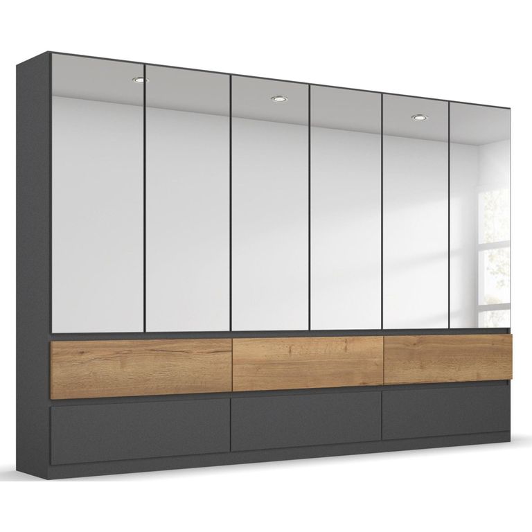Rauch Winnipeg 271cm 6 Door Wardrobe with Mirror - Metallic Dark Grey and Halifax Oak