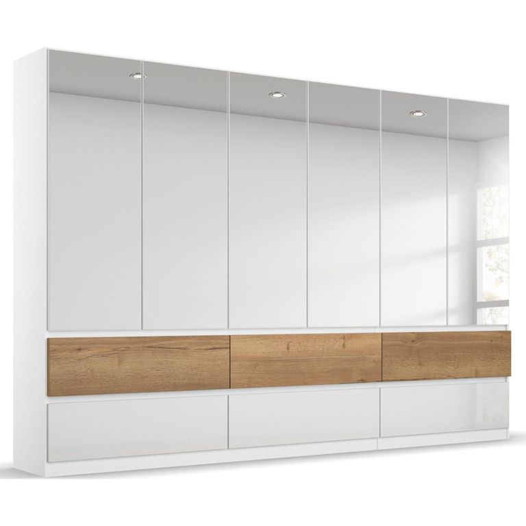 Rauch Winnipeg 271cm 6 Door Wardrobe with Mirror and Lighting - Alpine White High Gloss and Halifax Oak