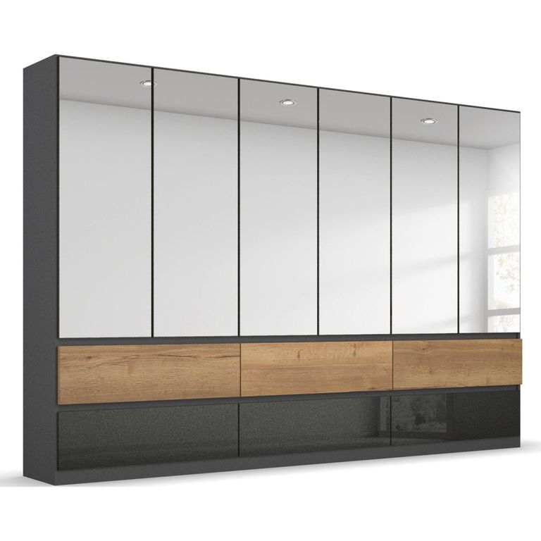 Rauch Winnipeg 271cm 6 Door Wardrobe with Mirror and Lighting - Metallic Dark Grey High Gloss and Halifax Oak