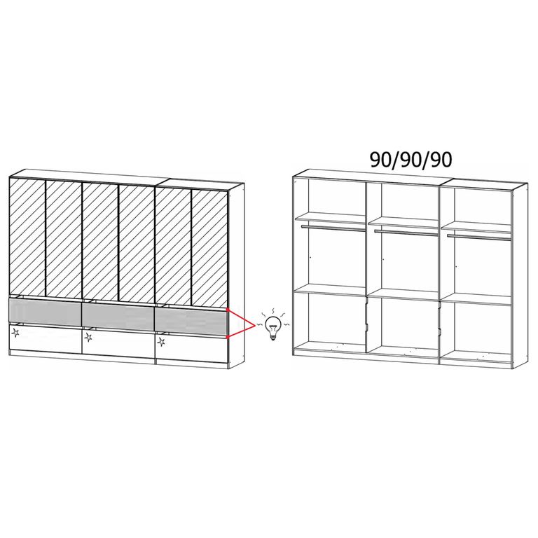 Rauch Winnipeg 271cm 6 Door Wardrobe with Mirror and Lighting - Metallic Dark Grey High Gloss and Halifax Oak