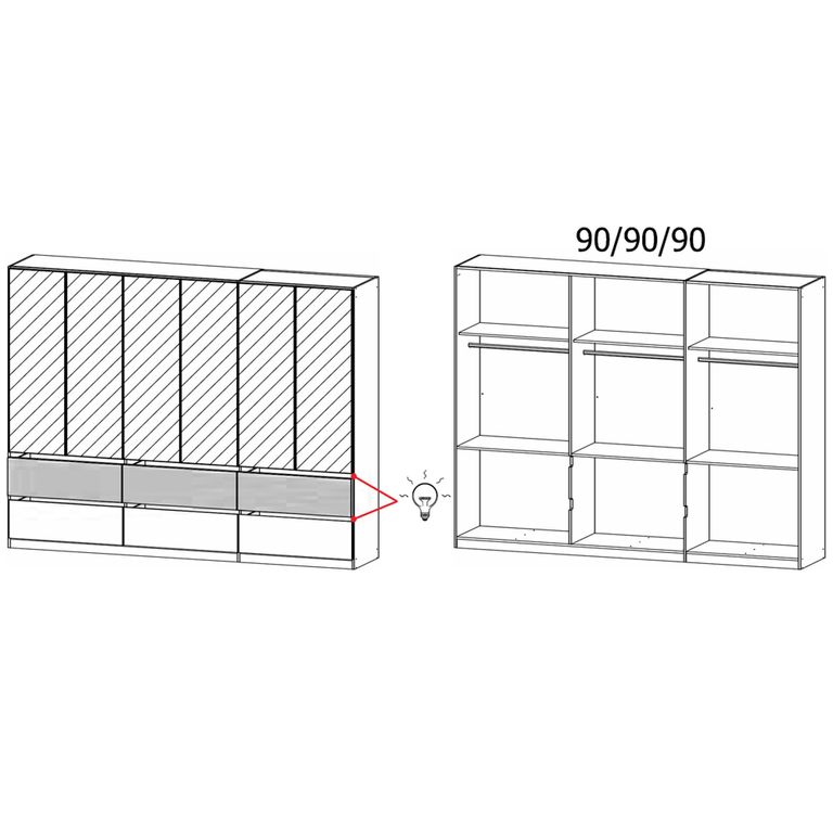 Rauch Winnipeg 271cm 6 Door Wardrobe with Mirror and Lighting - Metallic Dark Grey and Halifax Oak