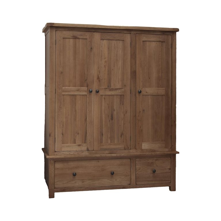 Rustic Oak Wardrobe - 3 Door - 2 Drawer - Oak