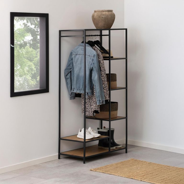 Seaford Open Wardrobe - Oak and Black Metal