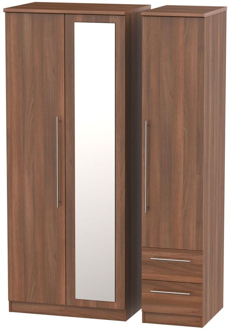 Sherwood Walnut Effect 3 Door Combi Wardrobe - 1 Mirror and RHF 2 Drawers