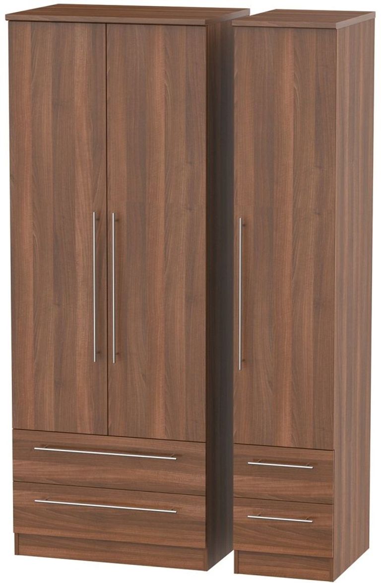 Sherwood Walnut Effect 3 Door Tall Triple Wardrobe - 4 Drawers