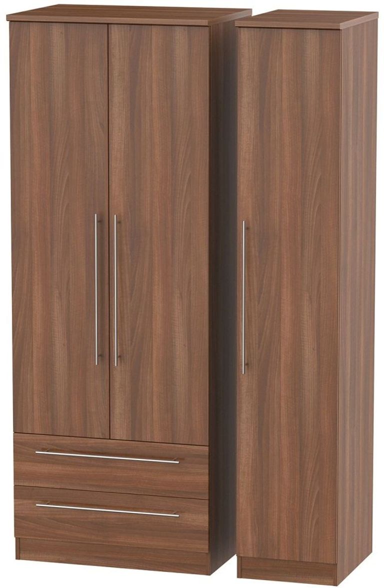 Sherwood Walnut Effect 3 Door Tall Triple Wardrobe - LHF 2 Drawers