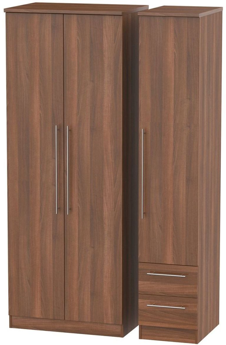Sherwood Walnut Effect 3 Door Tall Triple Wardrobe - RHF 2 Drawers