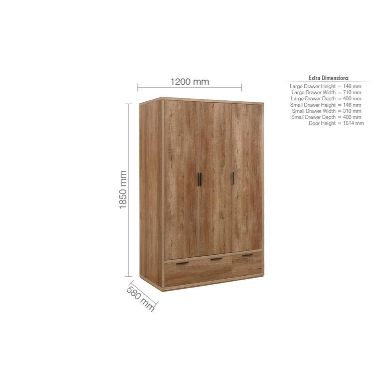 Stockwell Wardrobe - 3 Door - 2 Drawer - Rustic Oak