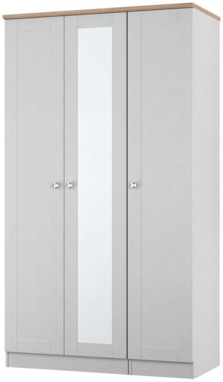 Sussex Grey and Oak Effect 3 Door Tall Triple Wardrobe - 1 Mirror