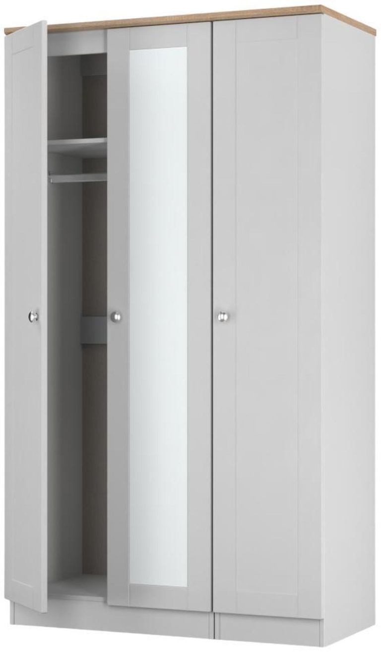 Sussex Grey and Oak Effect 3 Door Tall Triple Wardrobe - 1 Mirror