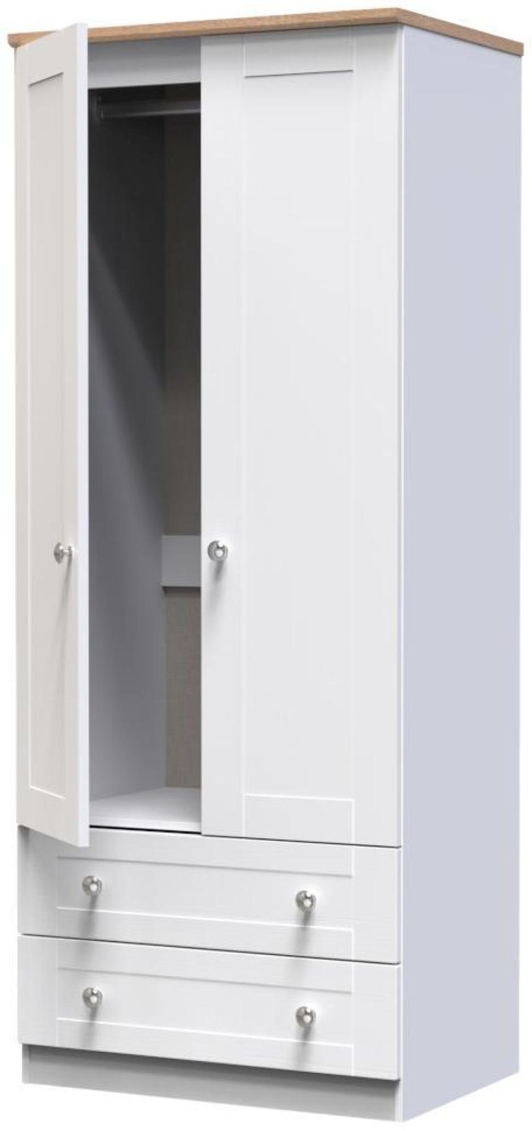 Sussex White and Oak Effect Oak 2 Door 2 Drawer Double Wardrobe