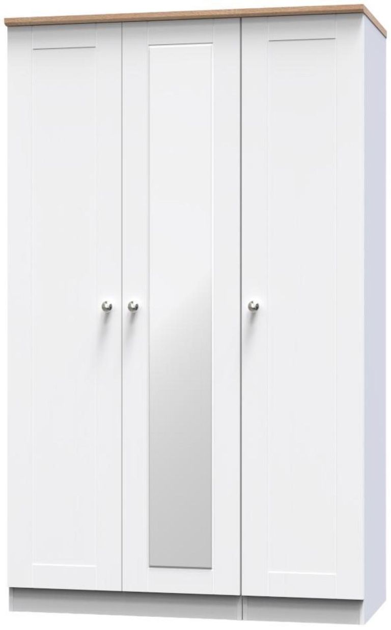 Sussex White and Oak Effect Oak 3 Door Tall Triple Wardrobe - 1 Mirror