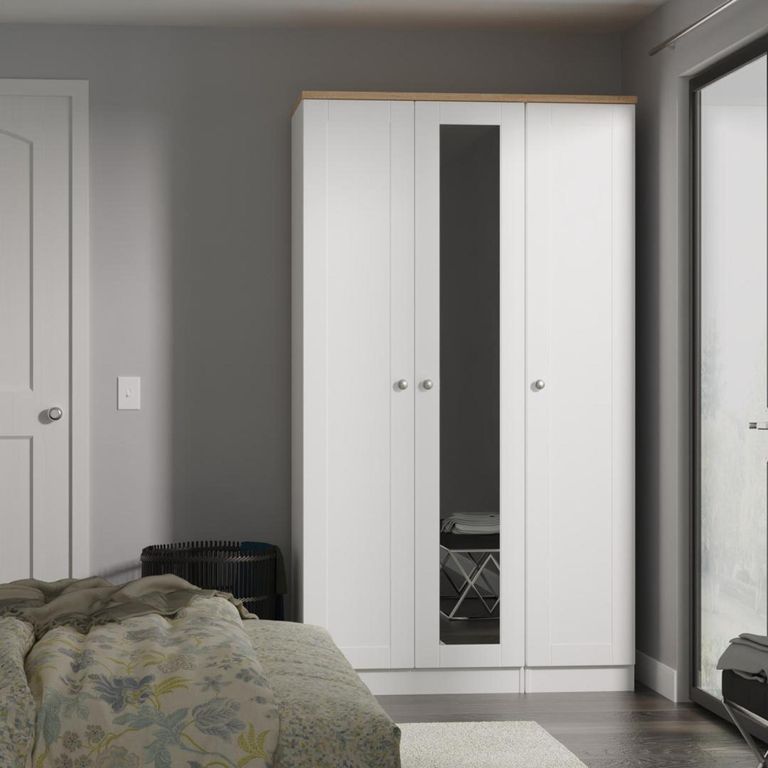 Sussex White and Oak Effect Oak 3 Door Tall Triple Wardrobe - 1 Mirror