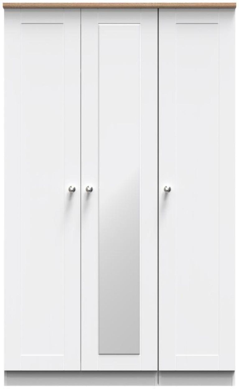 Sussex White and Oak Effect Oak 3 Door Tall Triple Wardrobe - 1 Mirror