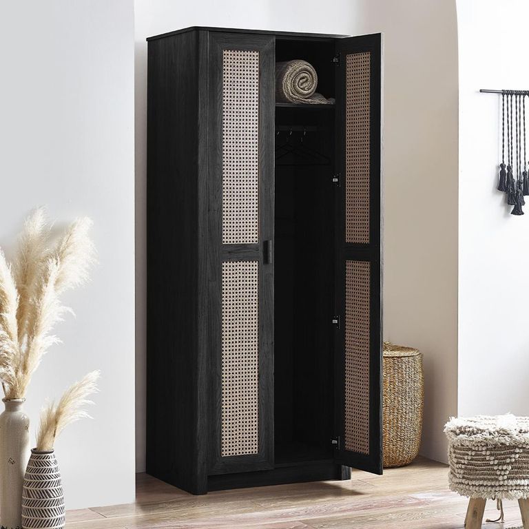 Sydney Wardrobe - 2 Door - Black and Faux Rattan